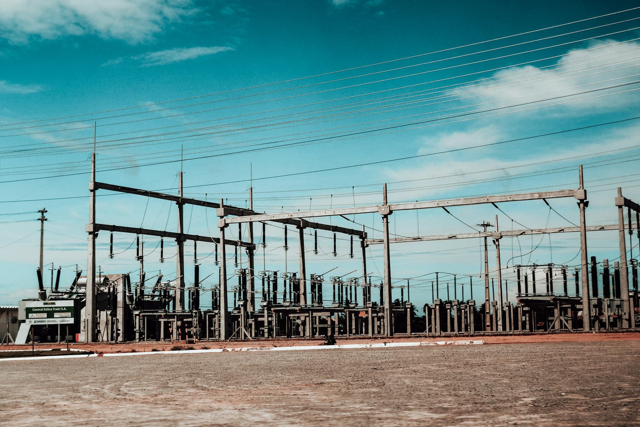 Electrical substation with transformers and overhead lines